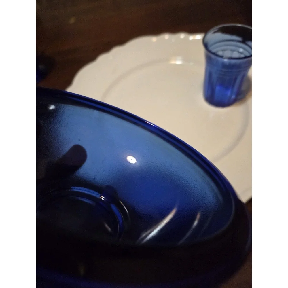 vintage Arcoroc France deep cobalt blue glass bowl  And Hazel Atlas Tumbler